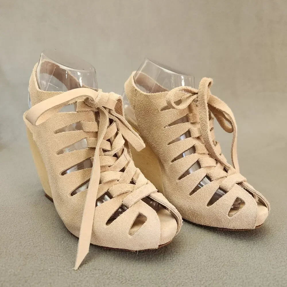 LOEFFLER RANDALL Vivian Lace Up Wedge Sandal  Size 7.5B Natural Tan‎ Slingback - Picture 2 of 15